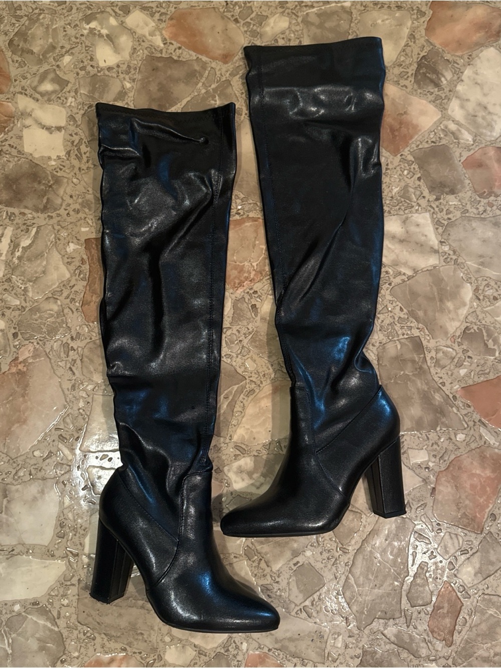 Black Thigh High Block Heel Boots